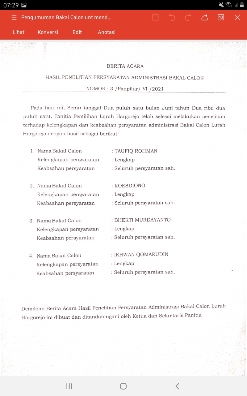 Panitia PILUR Hargorejo Buka Masukan (Pengaduan) Balon Lurah